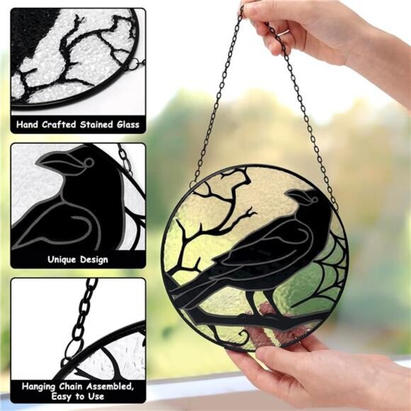 Raven Stained Glass Suncatcher Window Hanging Decoration, Halloween Gothic Crow - Picture 3 of 7
